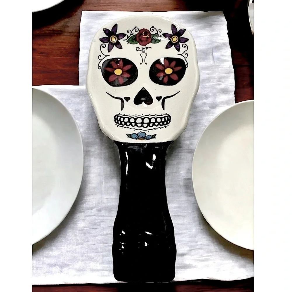 Sugar Skull Spoon Rest Ceramic Hand Painted Unique Day of the Dead White Black